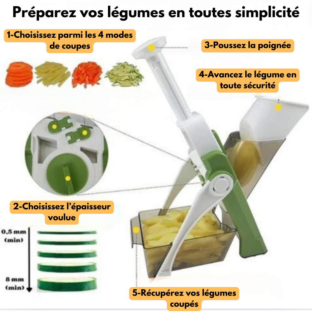 Mandoline Professionnelle – Découpe rapide et précise des légumes et fruits. Lames en acier inoxydable ultra-tranchantes pour un tranchage parfait en quelques secondes. Réglable pour différentes épaisseurs, sécurisée et facile à utiliser. Idéale pour une cuisine rapide et efficace