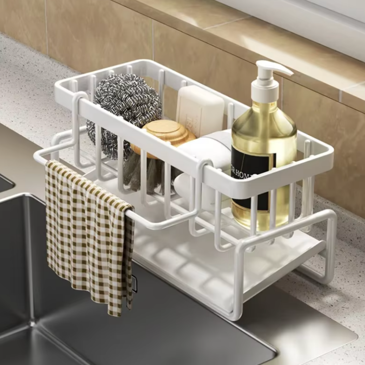 optimisez votre espace avec l'Organisateur d'Évier Belliori ! Doté d’un bac récupérateur d’eau, il garde votre plan de travail sec et propre. Parfait pour ranger éponges, savons, chiffons et accessoires. Design compact, pratique et hygiénique