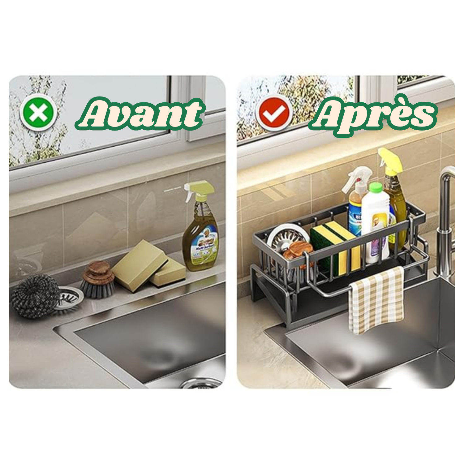 optimisez votre espace avec l'Organisateur d'Évier Belliori ! Doté d’un bac récupérateur d’eau, il garde votre plan de travail sec et propre. Parfait pour ranger éponges, savons, chiffons et accessoires. Design compact, pratique et hygiénique