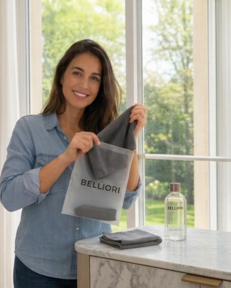 Une cliente sort un Chiffon Magique de son sachet Belliori dans sa cuisine